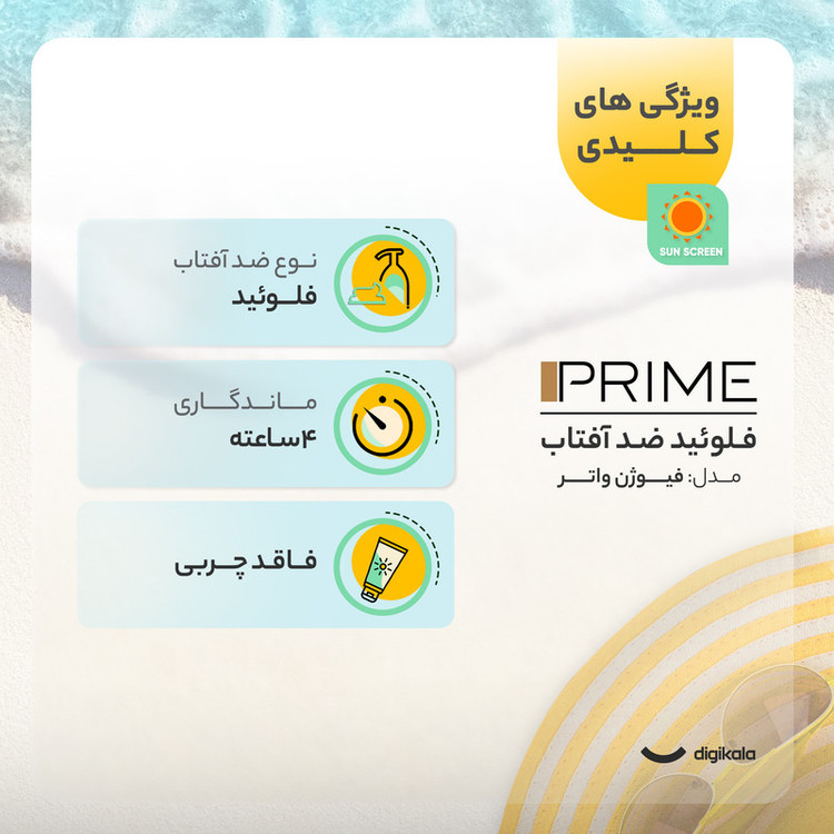 فلوئید ضد آفتاب رنگی پرایم، SPF 50، مدل فیوژن واتر، مناسب انواع پوست با تنالیته متوسط و حجم 40 میلی لیتر، محافظتکننده در برابر اشعههای PA++++ ،UVA ،UVB، دارای فرمولاسیون فاقد چربی، ویتامین سی و آنتی اکسیدان، با ماندگاری 4 ساعته